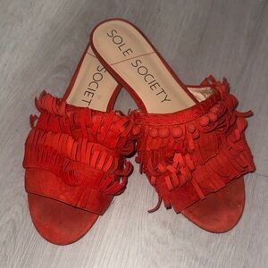 Sole Society Red Fringe Mules